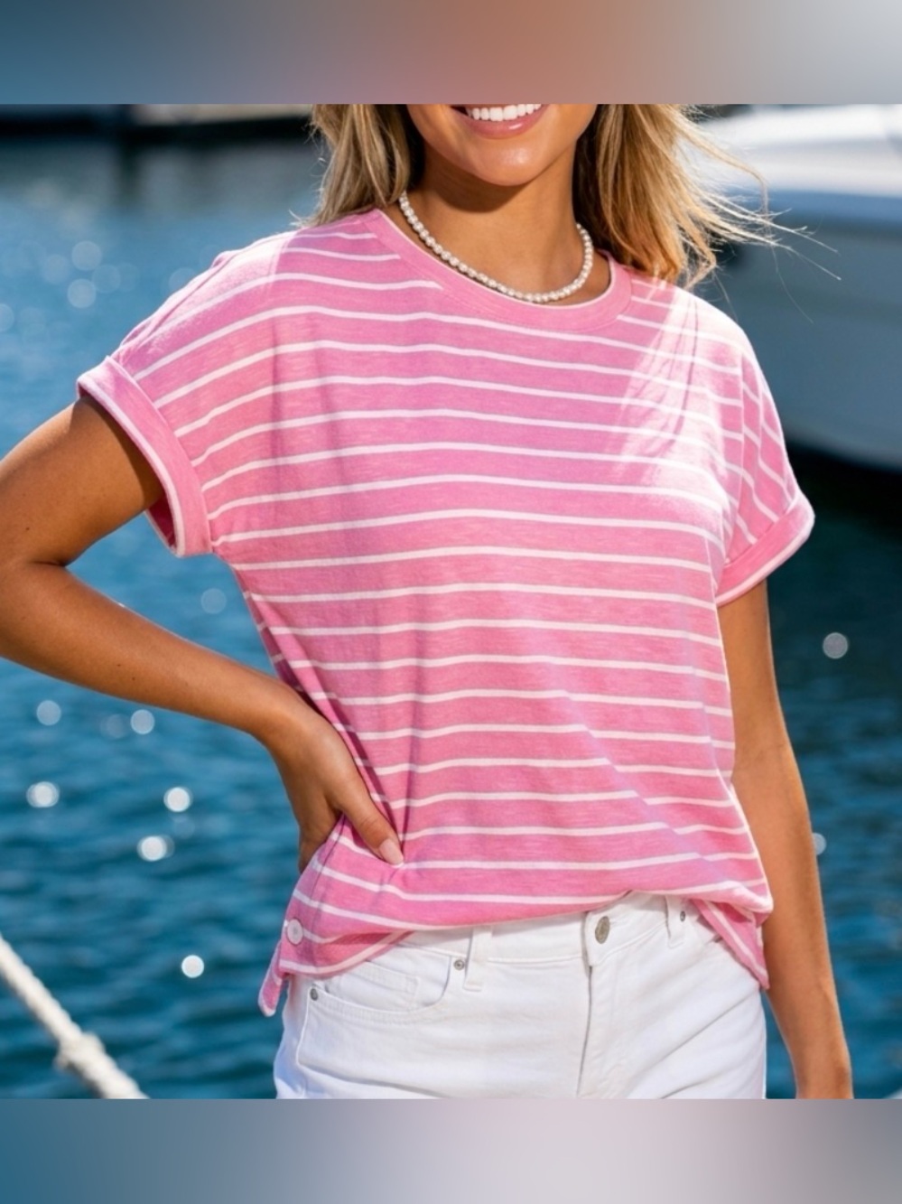 Christopher & Banks pink white striped short-sleeve top Women’s Large Buttons